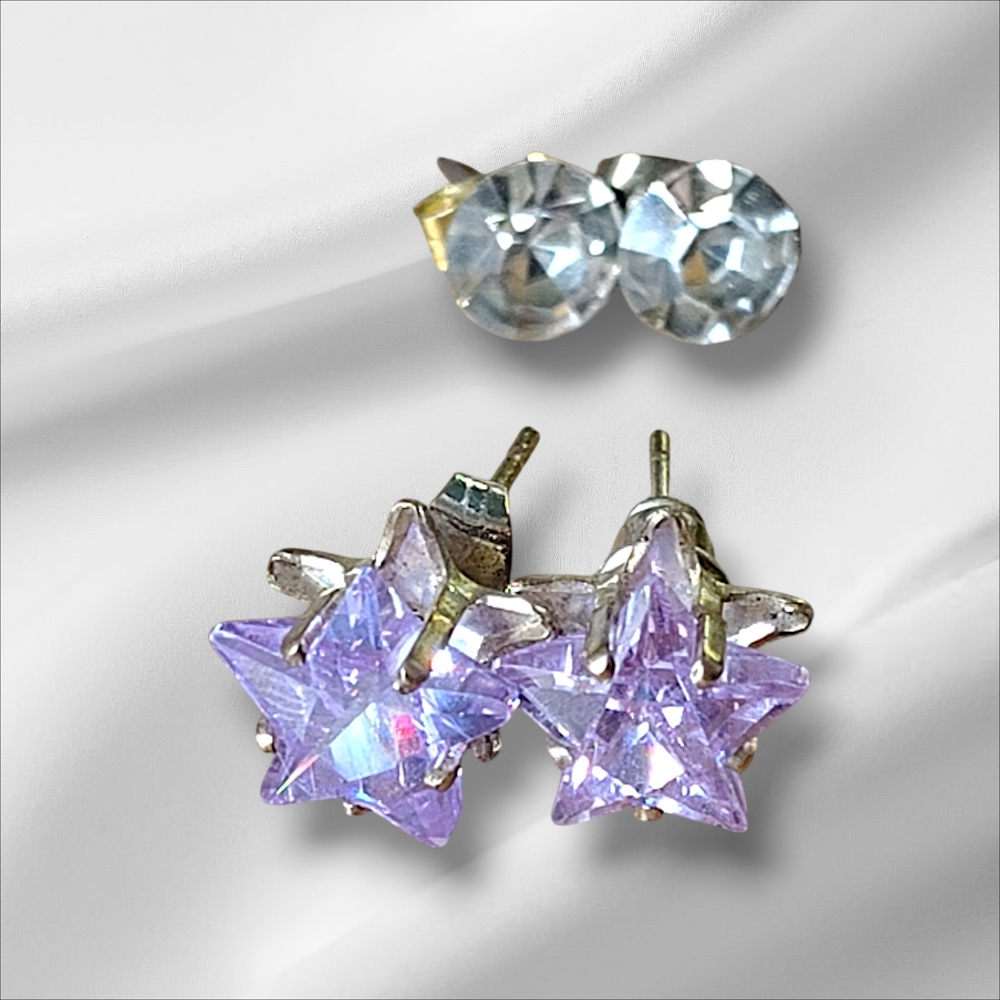 LAVENDER PURPLE STAR STUD EARRINGS AND ROUND CUT CRYSTAL STUD EARRINGS SET